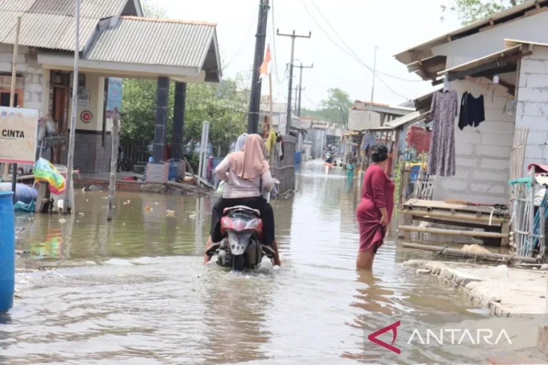 Permukiman warga terdampak pasang air laut di Desa Pantai Mekar, Kecamatan Muaragembong, Kabupaten Bekasi, Jawa Barat, Selasa