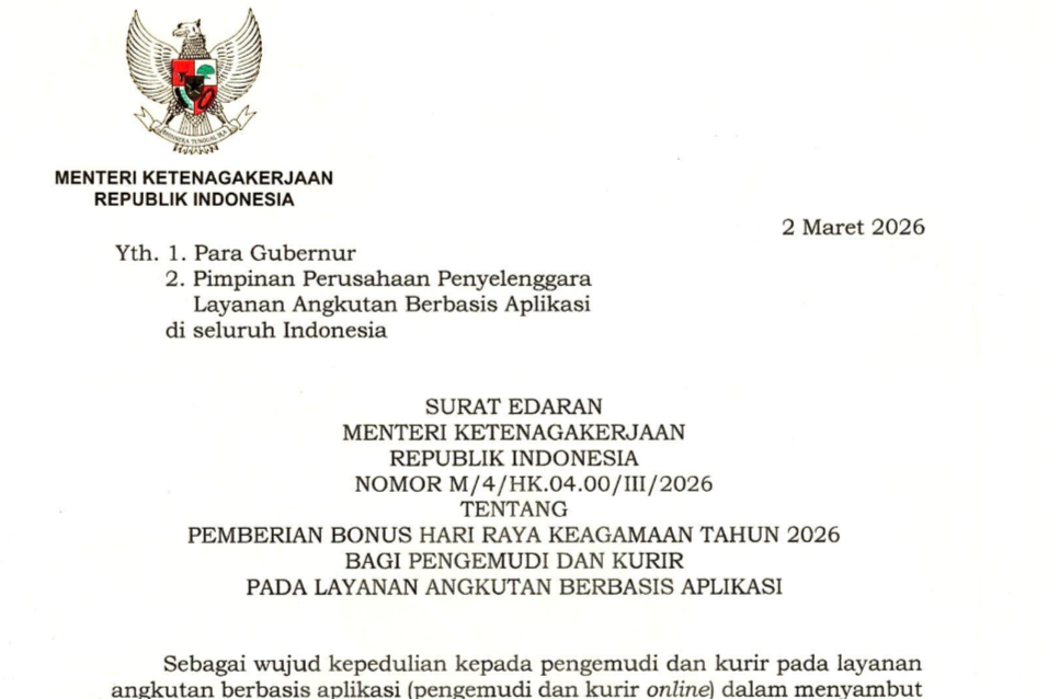 Inilah SE Menaker tentang Pemberian Bonus Hari Raya 2026 bagi Pengemudi dan Kurir Online
